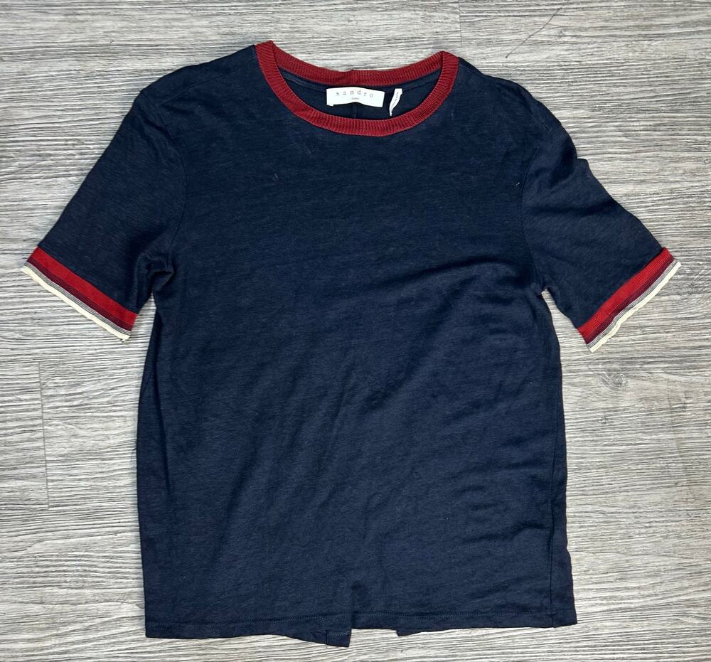 Sandro Paris Linen T-Shirt Navy Blue Red White Trim Ringer Tee Split Back Top